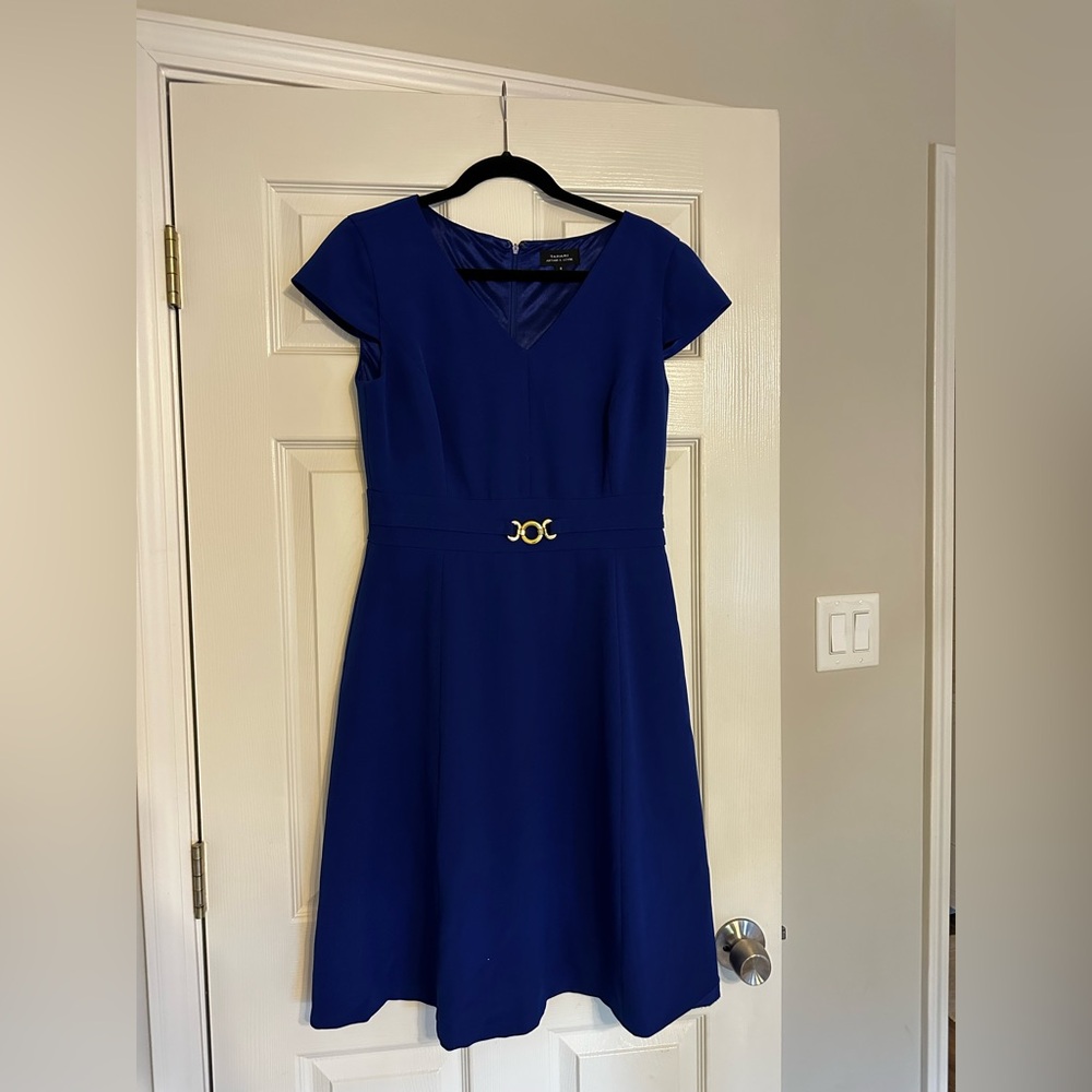 Tahari Fit & Flare Blue Midi Dress with Cap Sleeves